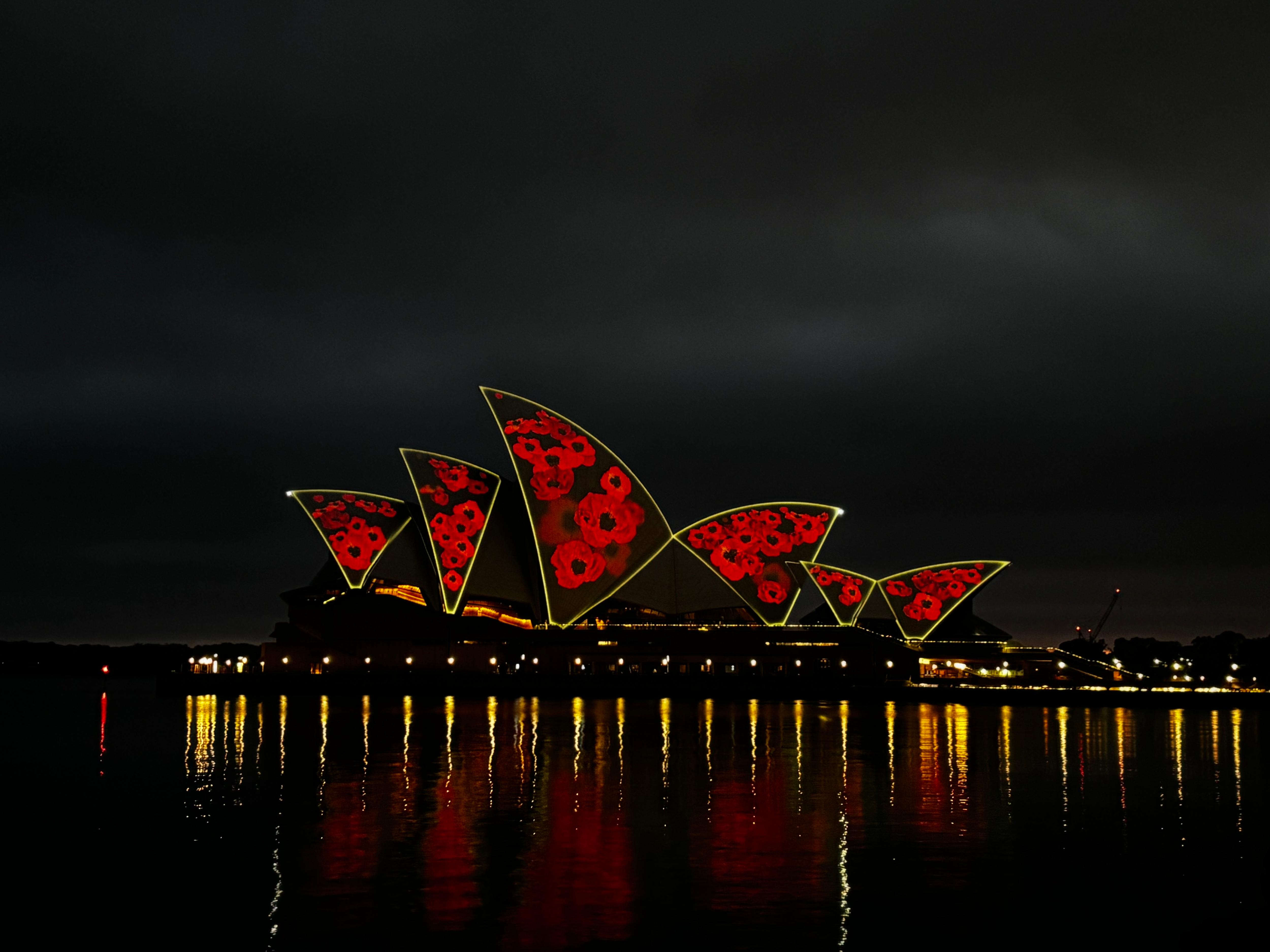 The Sydney Opera House projected with poppies.