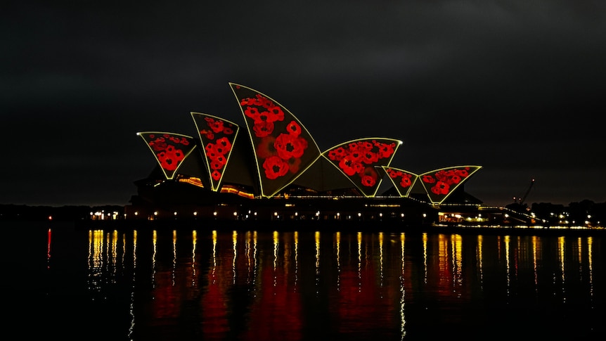The Sydney Opera House projected with poppies.
