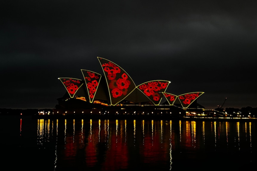The Sydney Opera House projected with poppies.