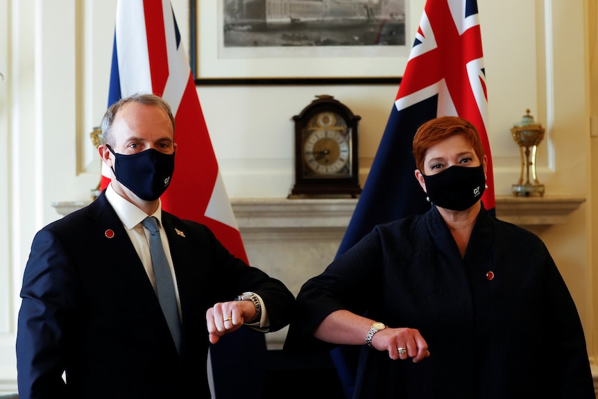 Dominic Raab and Marise Payne bump elbows as the pair wear masks and pose for the camera.
