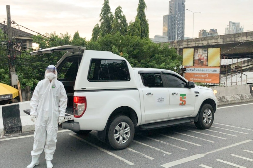 A person dressed in a white protective suit and wearing a mask and hair protection stands in front of a white van.