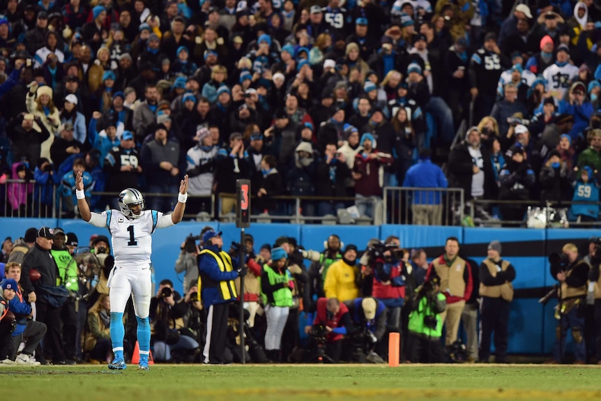 Panthers quarter-back Cam Newton signals a touchdown