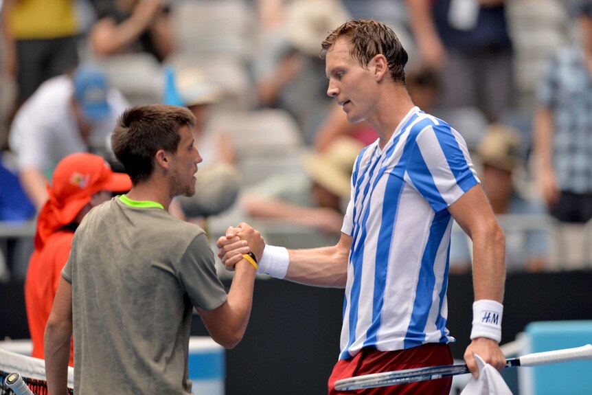 Tomas Berdych celebrates his Australian Open third round win