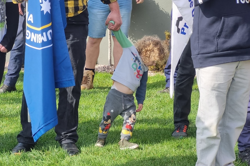 Small boy holds hand of protesting father in middle of crowd