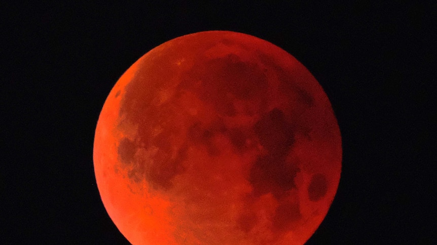 A super blue blood moon is seen over Los Angeles.
