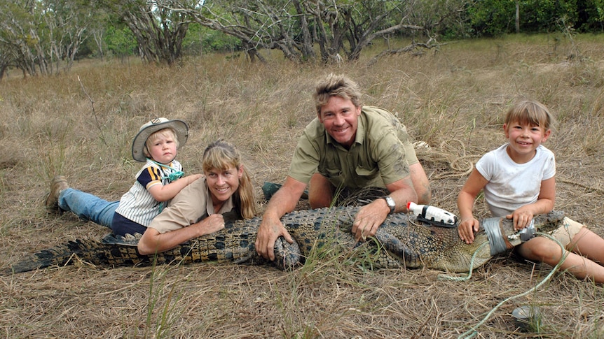 Steve Irwin with wife Terri and children Bindi and Robert on the family croc trip in 2006.