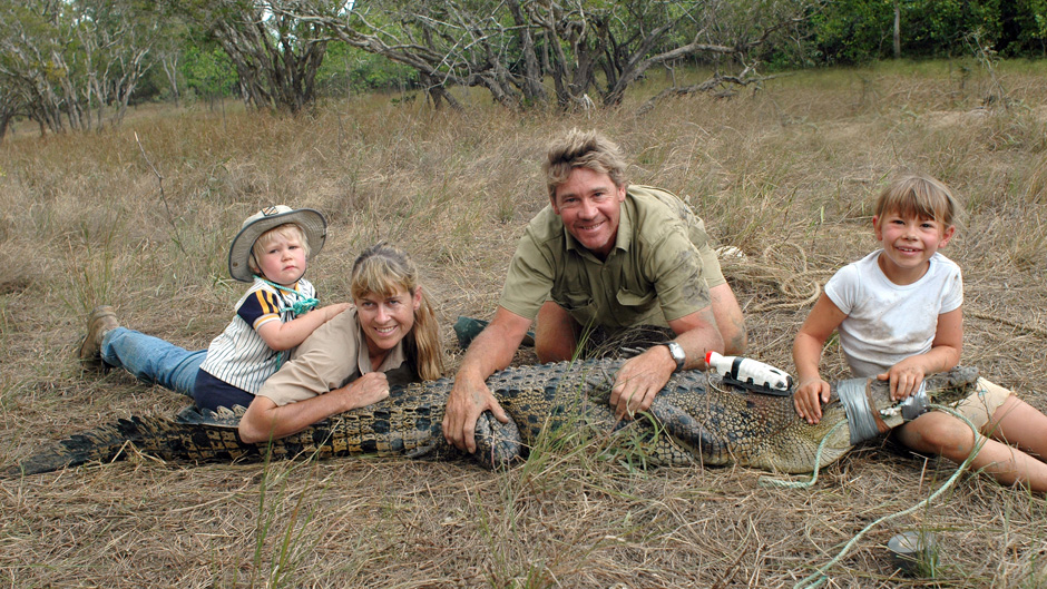 Steve Irwin with wife Terri and children Bindi and Robert on the family croc trip in 2006.