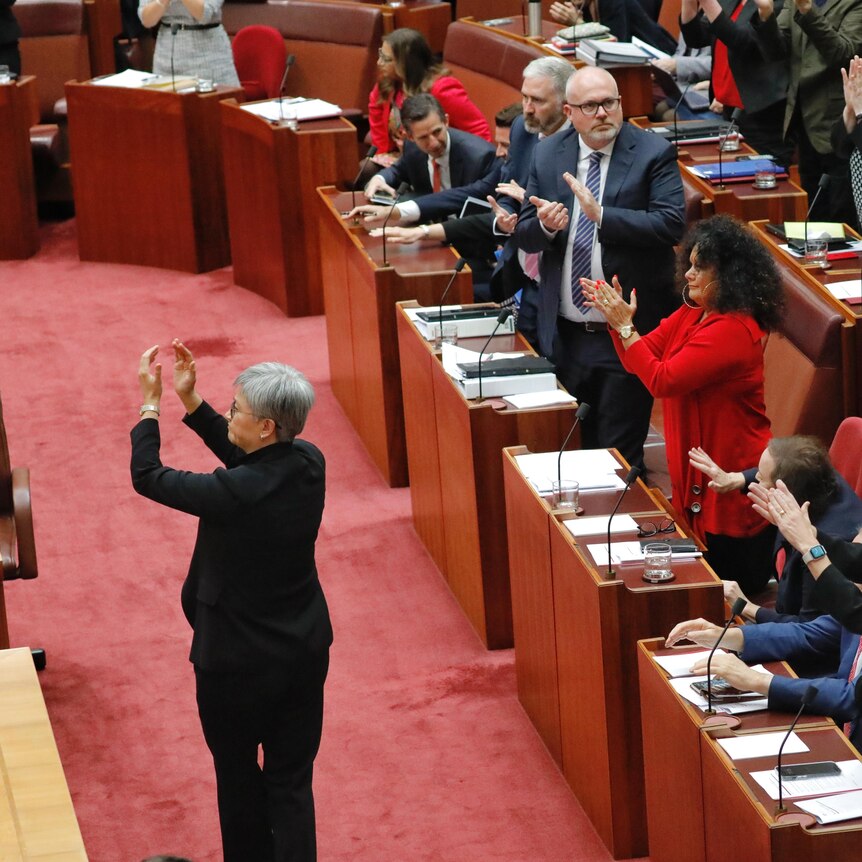 Penny Wong and other senators in the Senate applaud 