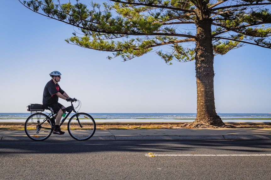 Danny Civ cycles along a beachfront path