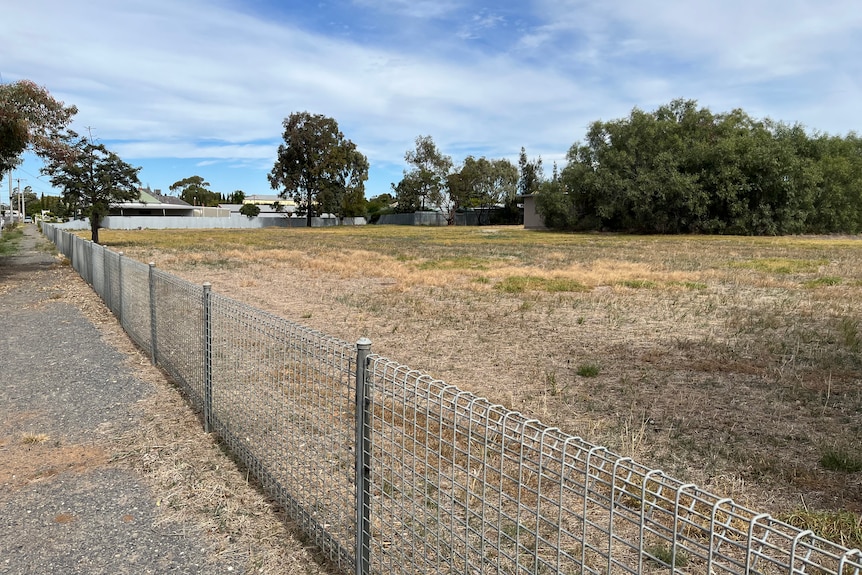 A steel fence separates a plot of land of grass and trees.