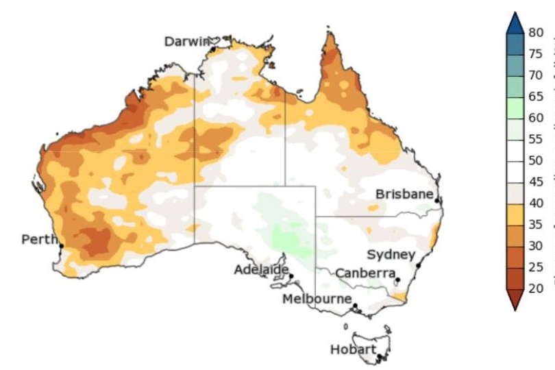 A map showing rainfall outlook for Australia, with a dry west and north.