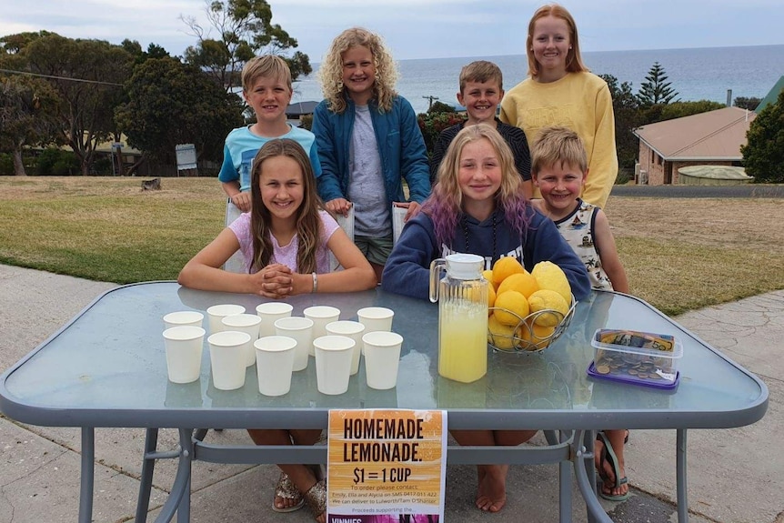 Tasmanian kids Ella Mannion, Emily Hogarth and friends with their lemonade stall.