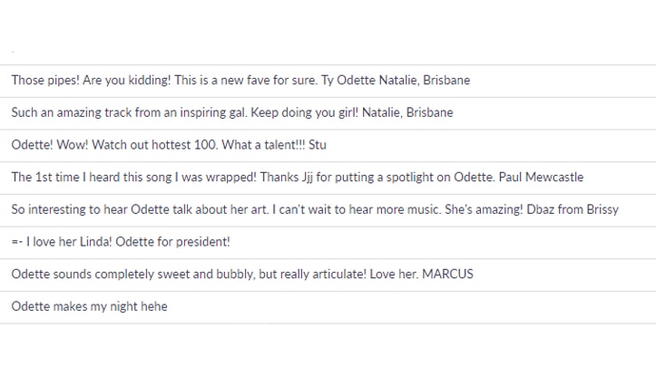 Texts from the triple j Textline about Sydney Musician Odette.
