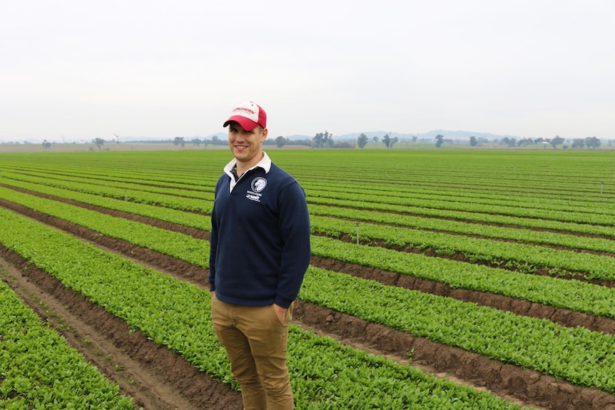 Man stands with hands in pockets and hat on head smiling in front of a green crop planted in rows