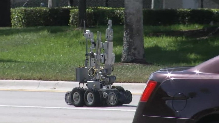 A bomb robot in the street near the office of Debbie Wasserman Shultz