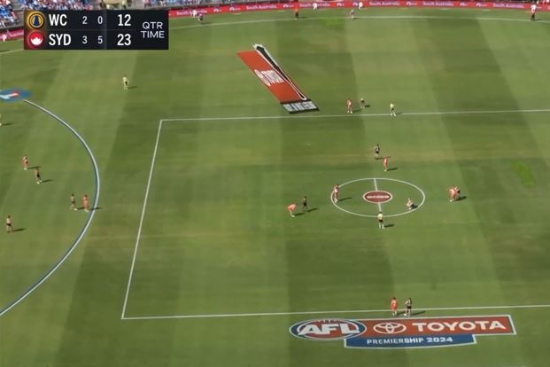 A TV image from overhead looking down on the centre square ahead of a bounce between West Coast and Sydney.