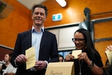 NSW Premier Chris Minns and Federal Minister for Indigenous Australians Linda Burney pictured at a Voice polling booth in Sydney