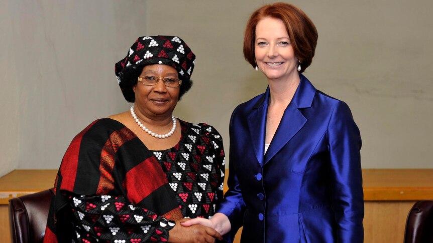 Julia Gillard meets with HE Mrs Joyce Banda, president of Malawi, at the UN in New York City.