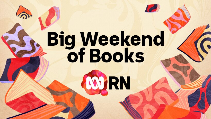 An illustration of colourful books falling through the sky with the words 'Big Weekend of Books', the ABC logo and RN