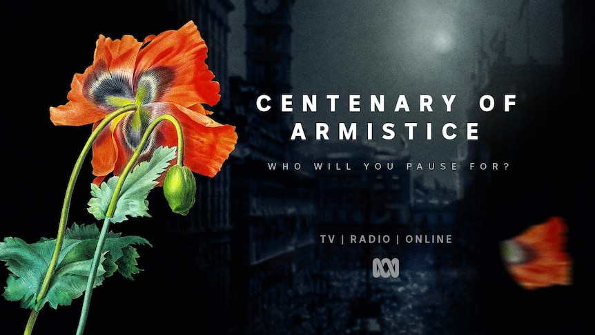 A hand illustrated poppy next to the slogan 'Centenary of Armistice: who will you pause for?' and the ABC logo