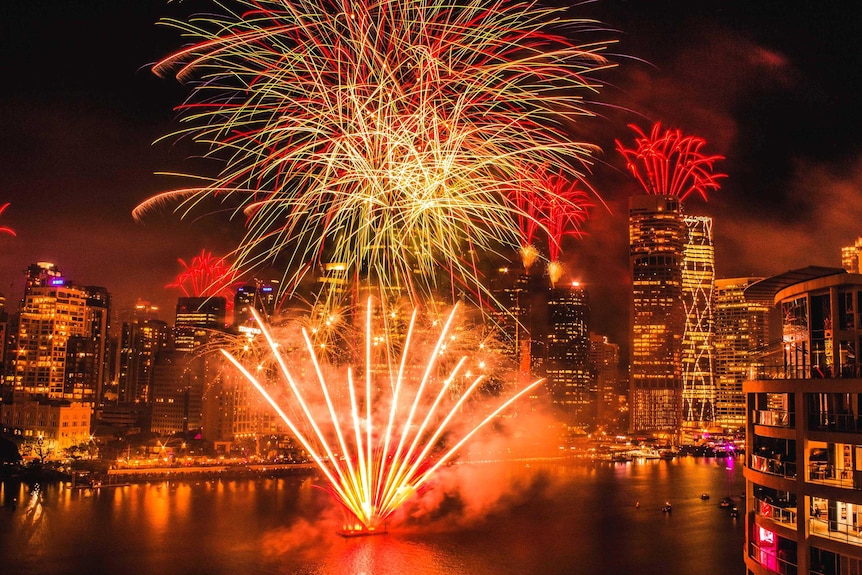 Fireworks explode over Brisbane during Riverfire at the end of the Brisbane Festival.