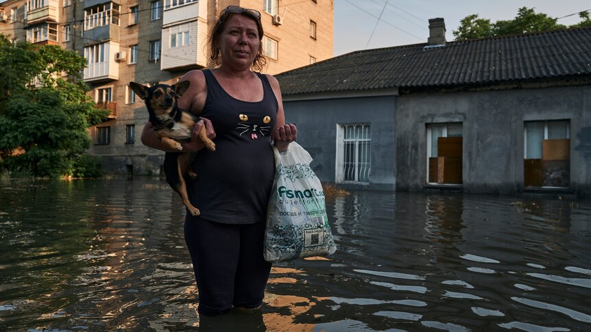 A woman carries a dog and a plastic bag as she walks through knee-high water along a flooded street.