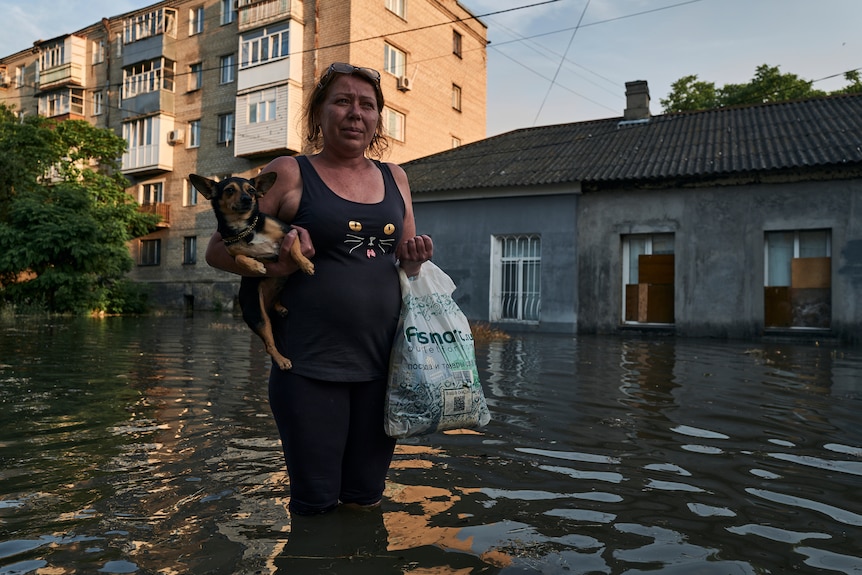A woman carries a dog and a plastic bag as she walks through knee-high water along a flooded street.