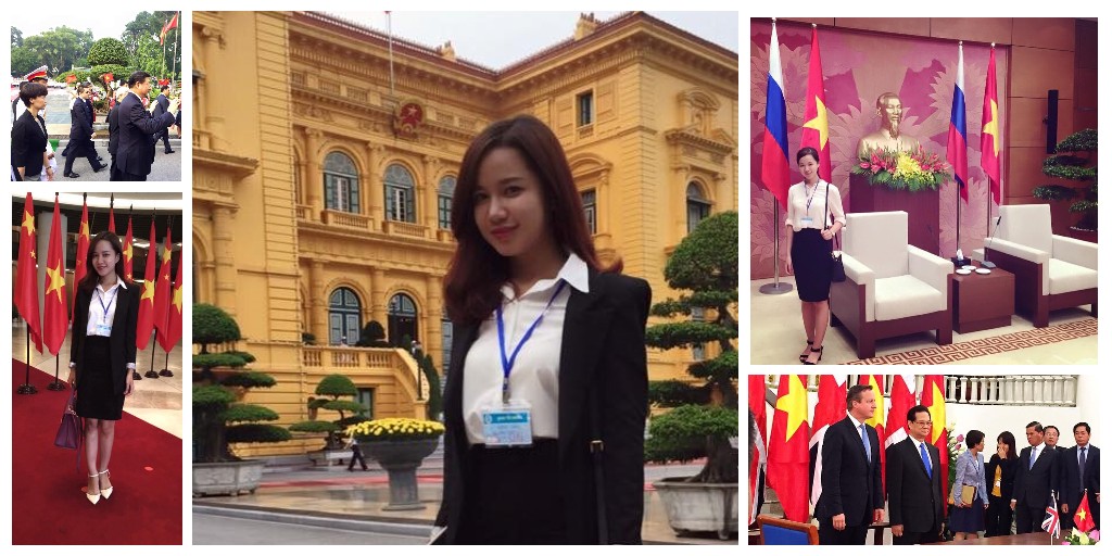 A group of photos showing a young woman at work in diplomacy in Vietnam