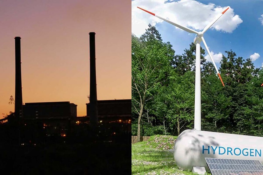 A composite photo of the Gladstone power station and a stock photo of wind turbine.