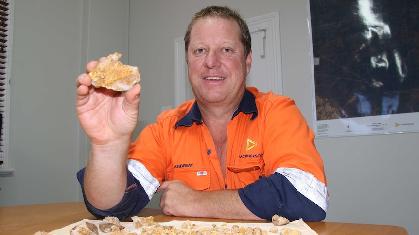 A mine worker holds up gold nuggets found near Kalgoorlie in Western Australia
