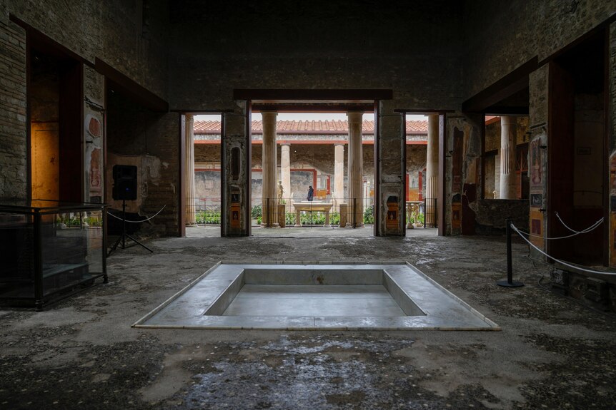 A rectangular shallow pool in the middle of a roman room. 