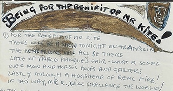 A handwritten copy of the lyrics of The Beatles' Being for the Benefit of Mr Kite.