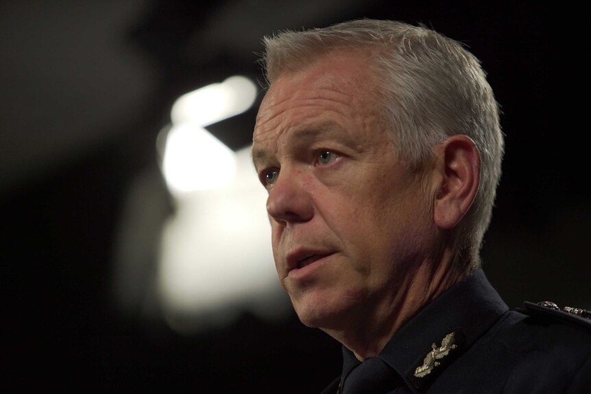 A close-up image of Police Commissioner Grant Stevens in his police uniform at a press conference in July 2020.