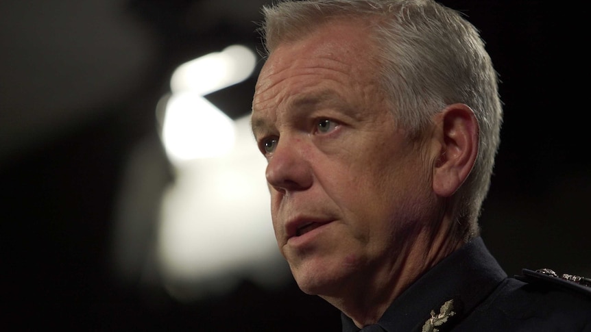 A close-up image of Police Commissioner Grant Stevens in his police uniform at a press conference in July 2020.