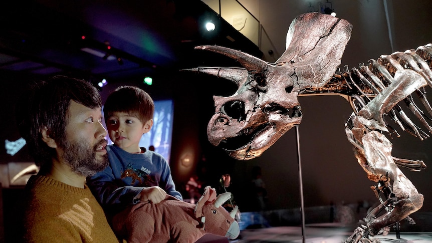 Lawrence Leung and his son, Max, at a dinosaur exhibit.