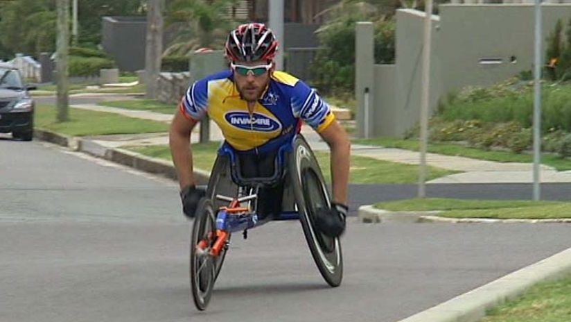 Video still of Paralympian Kurt Fearnley in training before climbing Kokoda in Papua New Guinea.