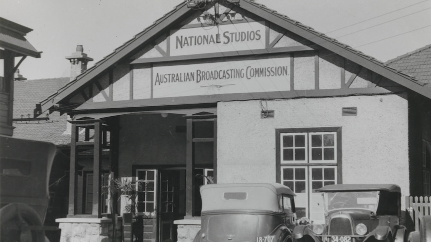 Black and white photo of original ABC studio building Perth 