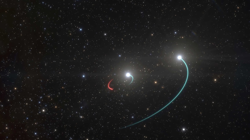 an image of a galaxy, with a small rounded red streak to indicate the pull of the black hole, and two blue ones for the stars