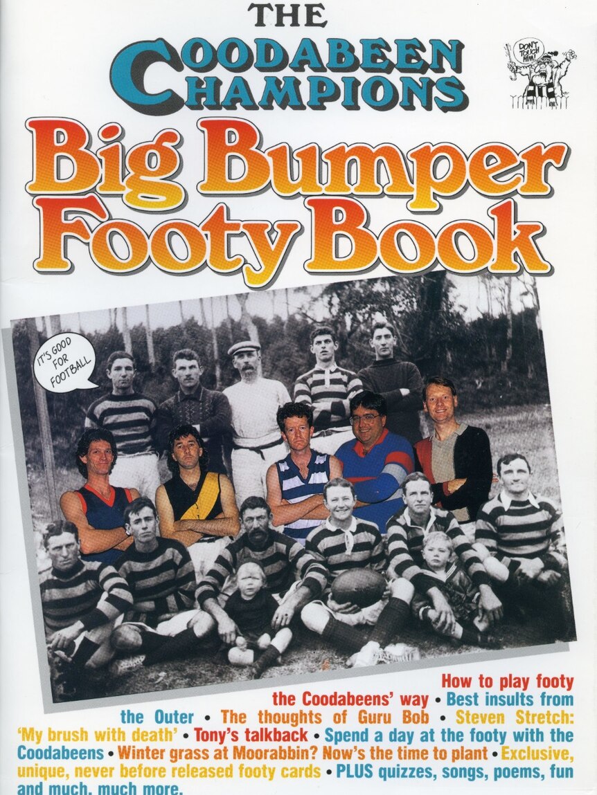 Front cover of book featuring photo of Coodabeens super-imposed into old black and white footy team photo.