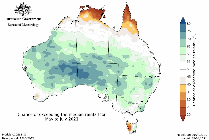 map showing a higher chance of rain this winter for much of Australia.