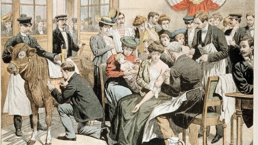 old-style print of a crowd at a smallpox vaccination clinic