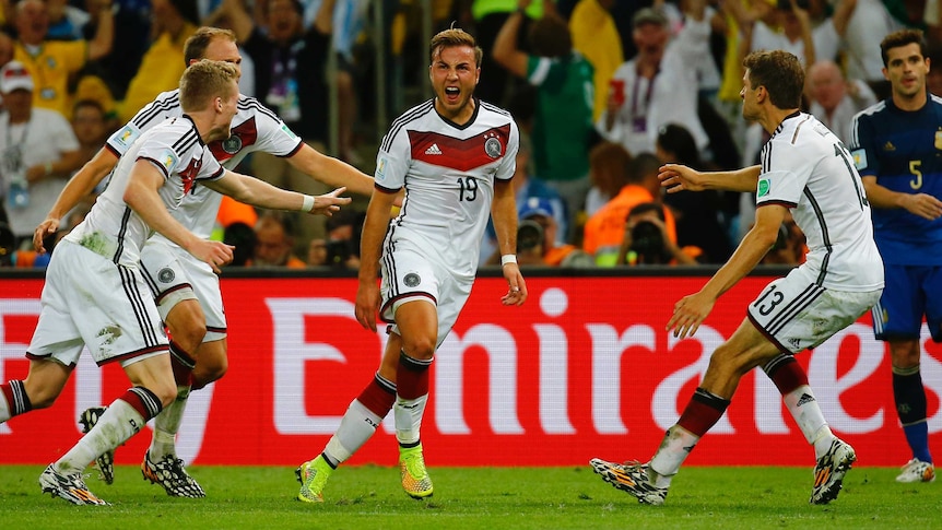 Germany's Mario Goetze (C) celebrates his goal against Argentina in the 2014 World Cup final.