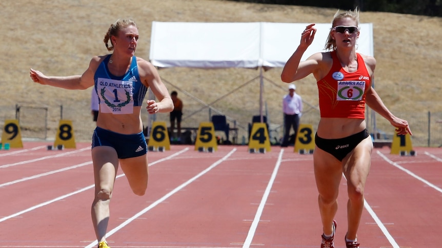 Early advantage ... Melissa Breen (R) edges out Sally Pearson in Canberra