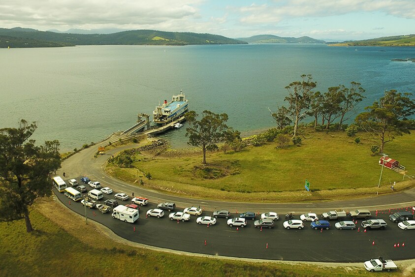 Cars queue up for the Bruny Island ferry