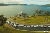Cars queue up for the Bruny Island ferry