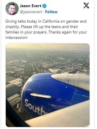 A social media post in which Jason Evert flags an upcoming speech on chastity and gender and asks for prayers.