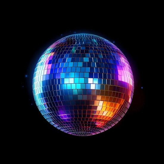 Photo of a disco ball with purple, blue and yellow light reflected 