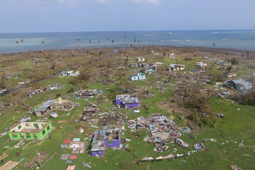 Aerial view of houses damaged by Cyclone Winston in Fiji on Koro Island.