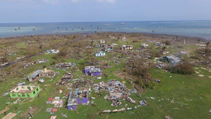 Aerial view of houses damaged by Cyclone Winston in Fiji on Koro Island.