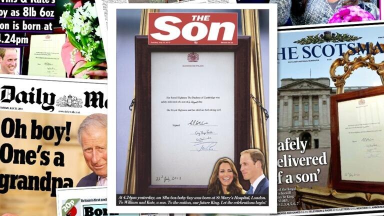Composite of British newspaper front pages announcing the birth of a royal baby.